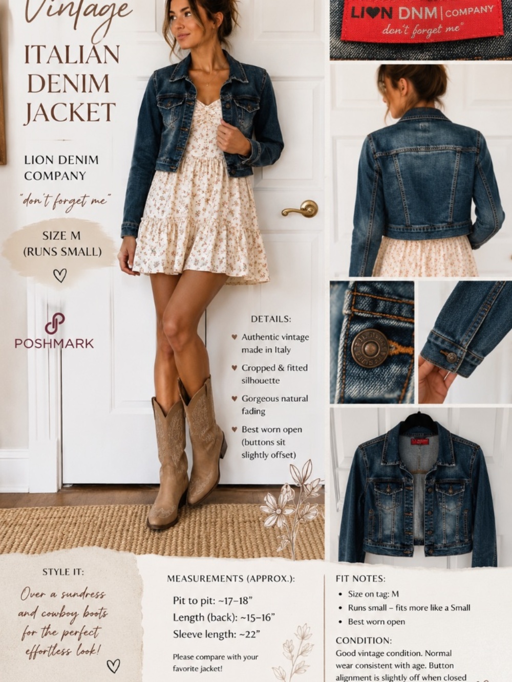 Vintage Italian Denim Jacket – Cropped, Fitted | “Don’t Forget Me” Label | Size